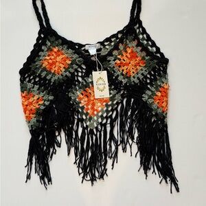 Black and Orange Crochet Fringe Top